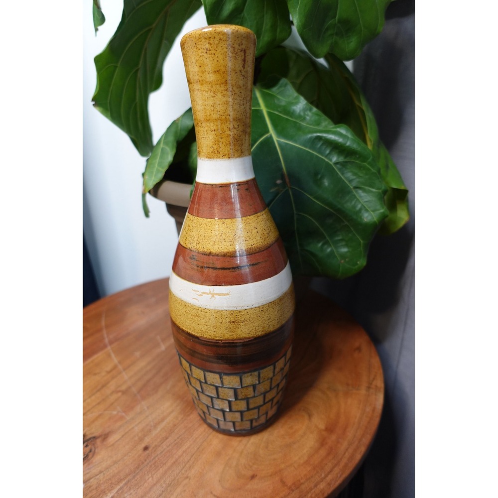 Striped Ceramic Vase with Brick Design, Vintage Decorative‎ Accent Vase